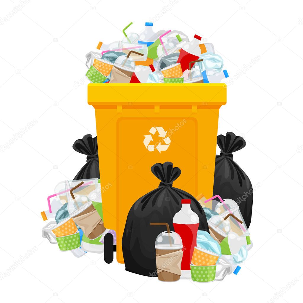 illustration garbage waste and bag plastic and yellow recycle bin isolated on white, pile of plastic garbage waste many, plastic waste dump and bin yellow, plastic waste and bin separation recycle