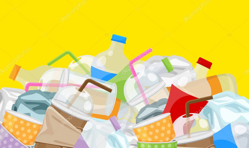 pile of garbage waste plastic and paper many isolated on yellow background, illustration bottles plastic garbage waste many, stack of plastic bottle paper cup waste dump, pollution garbage
