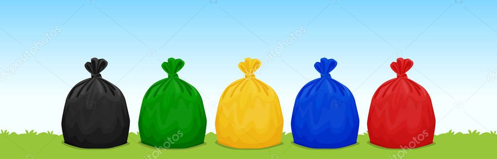 plastic waste bags black, green, yellow, blue and red on the grass and sky background, set of colored garbage waste bags plastic, 3r, waste plastic bags isolated and copy space for banner advertising