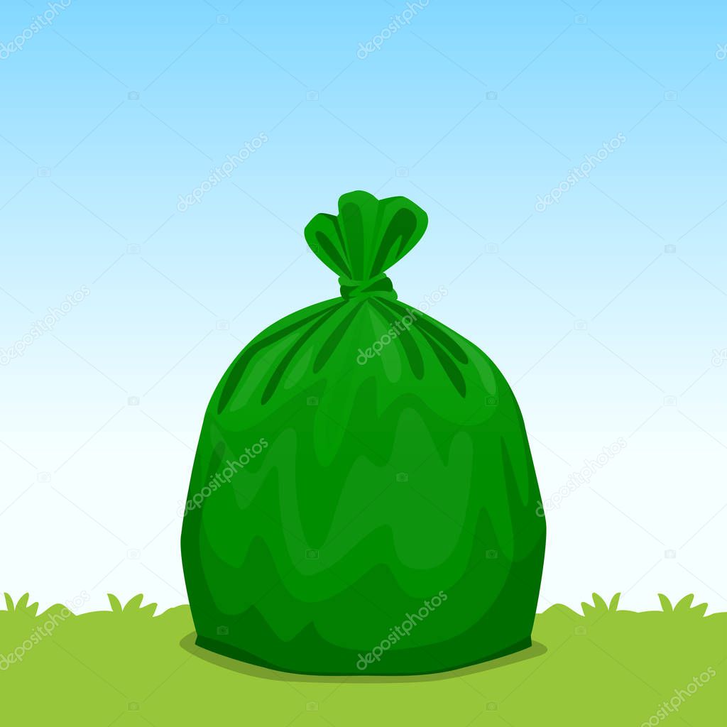 green bag plastic garbage on grass sky background, bin bag, garbage bags for waste, pollution plastic bag waste, 3r ad, waste plastic bags and copy space for banner advertising background