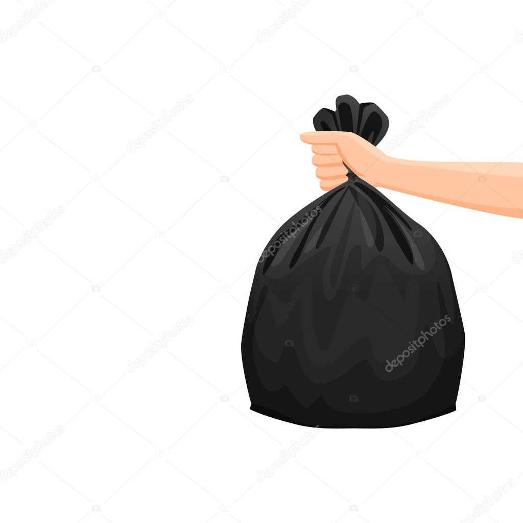 bags waste, garbage black plastic bag in hand isolated on white background, bin bag plastic black for disposal garbage, icon bag trash and hand, bags waste full, illustration rubbish junk bag recycle