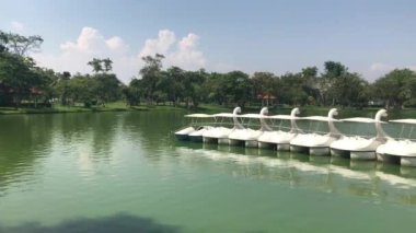 Halk Gölü Park Suanluang Rama Duck Boat pedalo veya Paddle kaz teknesi 9 Bangkok Tayland, peyzaj göl ve beyaz Kürek tekneleri kamu park görünümü rahatlatıcı zaman pedal