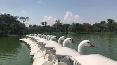 Halk Gölü Park Suanluang Rama Duck Boat pedalo veya Paddle kaz teknesi 9 Bangkok Tayland, peyzaj göl ve beyaz Kürek tekneleri kamu park görünümü rahatlatıcı zaman pedal