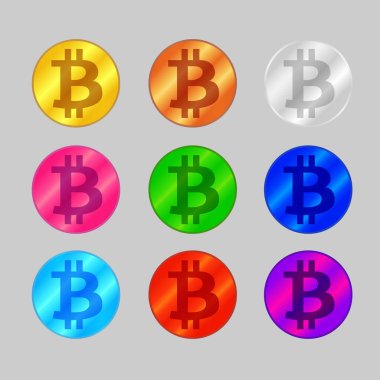 gri arka plan üzerinde Bitcoin sikke çok renk simgesi seti, sembol Bitcoin renkli logo, cryptocurrency Bitcoin sikke sembolü çok renk
