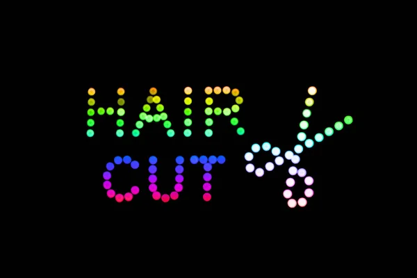 ネオンLedライトドットサインのヘアカットとはさみのシンボルは黒 理髪店ネオンライト抽象記号 — ストック写真
