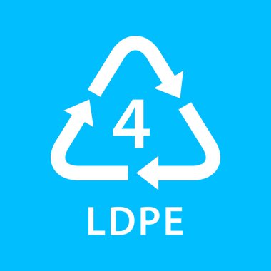 Geri dönüşüm ok üçgeni LDPE tip 4 mavi arkaplan, sembolik dört tip LDPE malzeme logosu, geri dönüşüm üçgeni simgesi grafiği, geri dönüşüm plastik ekoloji simgesi