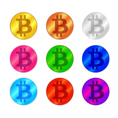 Beyaz arkaplanda bitcoin çoklu renk simgesi seti, sembolü bitcoin renkli logo, şifreleme bitcoin para sembolü çoklu renkler