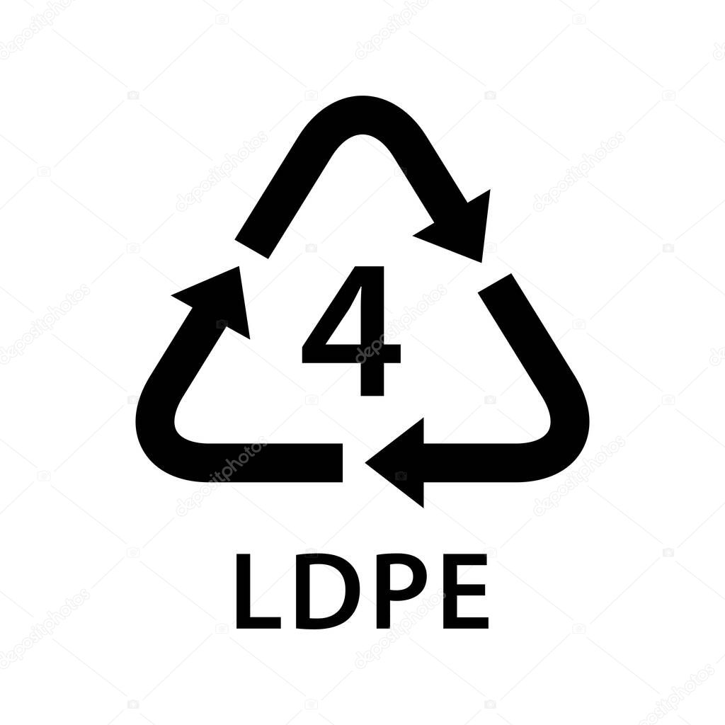 recycle arrow triangle LDPE types 4 isolated on white background, symbology four type logo of plastic LDPE materials, recycle triangle types icon graphic, recycle plastic ecology icon
