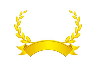 Altın defne çelengi ve kurdele beyaz, daire çerçeveli altın defne çelengi ikonu, klasik altın kurdele ve altın defne çelengi süsleme için lüks kraliyet tacı veya kraliçesi, kurdele kopyalama alanı
