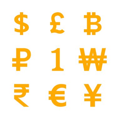 para sembolü belirlenmiş beyaz, uluslararası, para birimi simgesi sarı altın, finans klipsi sanat, para birimi işareti dolar, avro, baht, yen, bir, 1, won, rupi ve diğerleri için altın para amblemi