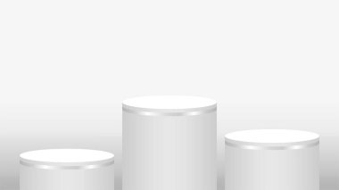 kaidesel silindir dairesi kozmetik gösterisi için 3 adım, podyum dairesi sahne beyaz gri ve gümüş rengi, platform üç adım ve reklam alanı, ürün gösteriminin beş katmanı için podyum