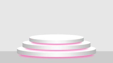 dairesel kaide 3d beyaz ve pembe ışıklı neon lamba, kozmetik modern ve öncü ışık, podyum sahne gösterisi pozisyon dekoru için pembe floresan parlak ışık, ürün yeri için kaide kutusu