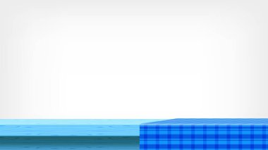 Ahşap tahta ve mavi masa örtüsü ön görünüm ve kopya alanı, boş masa örtüsü ve masa örtüsü, arka plan reklamı için ahşap tahta üzerindeki kareli bez, masa üstü masa örtüsü, ahşap masa örtüsü ve gri duvar