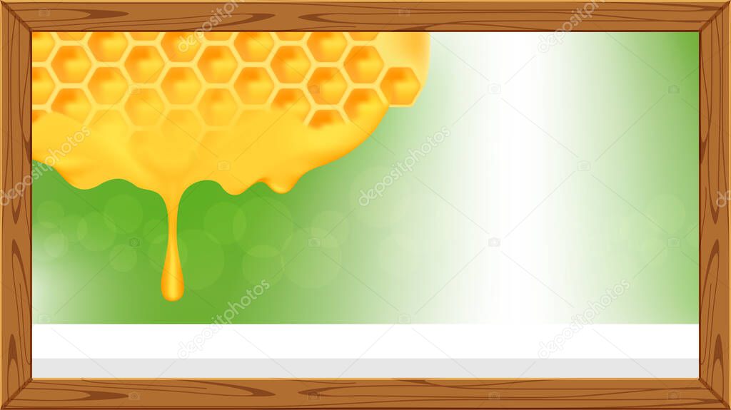 honeycomb in a wooden frame and copy space advertisement, honey comb in wood frame for banner advertising, honey bee frame for background, honeycomb in nature farm and hive wood for text