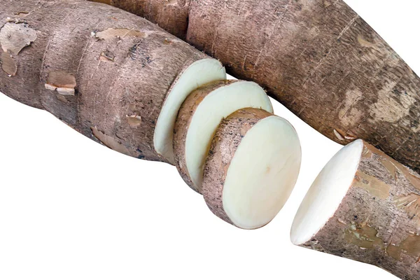 Cassava Κόνδυλοι Και Φέτες Απομονώνονται Λευκό Σωρός Μανιόκα Cassava Κορυφαία — Φωτογραφία Αρχείου