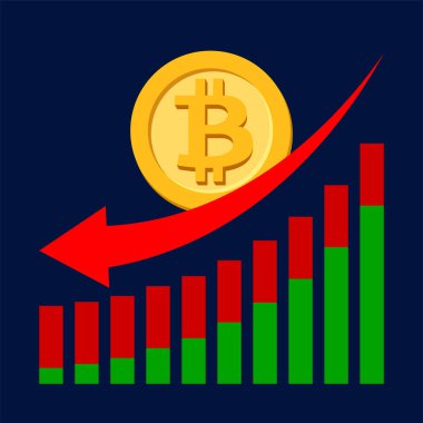 Grafikte kırmızı ok, grafikte altın bitcoin para sembolü, grafikte kırmızı ok, grafikte para, grafikte altın bitcoin simgesi