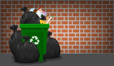 çöp atıkları ve poşet plastikleri tuğla duvardaki yeşil geri dönüşüm kutusuna, plastik atıklar birçoğu, plastik atık ve çöp yeşili, illendirme yığını plastik atık ve çöp geri dönüşüm ayrımı