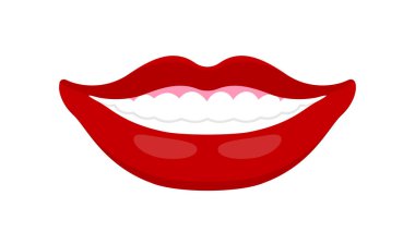Gülümseyen ağız beyaza izole edilmiş dişler, klipsli sanat için ağız, logo ve sembol için gülen ağız, kırmızı dudaklar, ağız çizimi