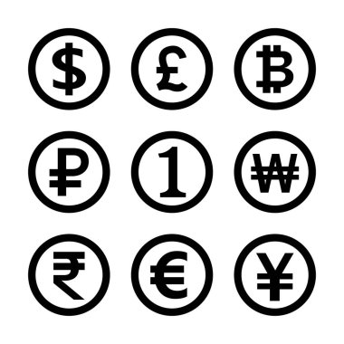 para sembolü siyah set izole beyaz, uluslararası para birimi simgesi grafik daire, finans klipsi sanat için altın para sembolü, para birimi işareti diğerleri, dolar, avro, baht, yen, bir, 1, won, rupi