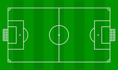 Futbol sahası, en üstte futbol sahası, futbol spor bilgileri için futbol sahası, arka plan için illüstrasyon futbol sahası, yeşil çimenli sade bir futbol stadyumu.