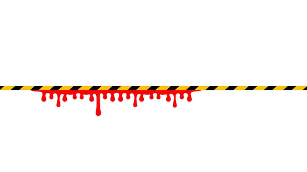 Caution Tape Line Striscia Nera Gialla Goccia Sangue Isolata Sfondo — Vettoriale Stock