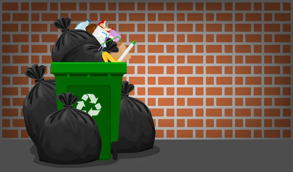 Residuos Basura Pila Bolsa Plástico Papelera Reciclaje Verde Pared Ladrillo — Vector de stock