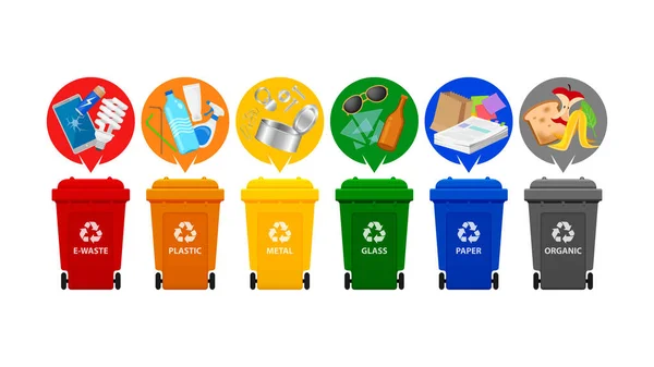 Reciclar Tipos Cubos Basura Tipo Residuos Residuos Plástico Metal Vidrio — Vector de stock