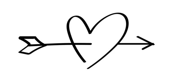 箭头线孤立在白色上 心形被箭头刺穿情人节的概念 箭头和心形被夹在黑色线上 箭头击中心形目标 — 图库矢量图片