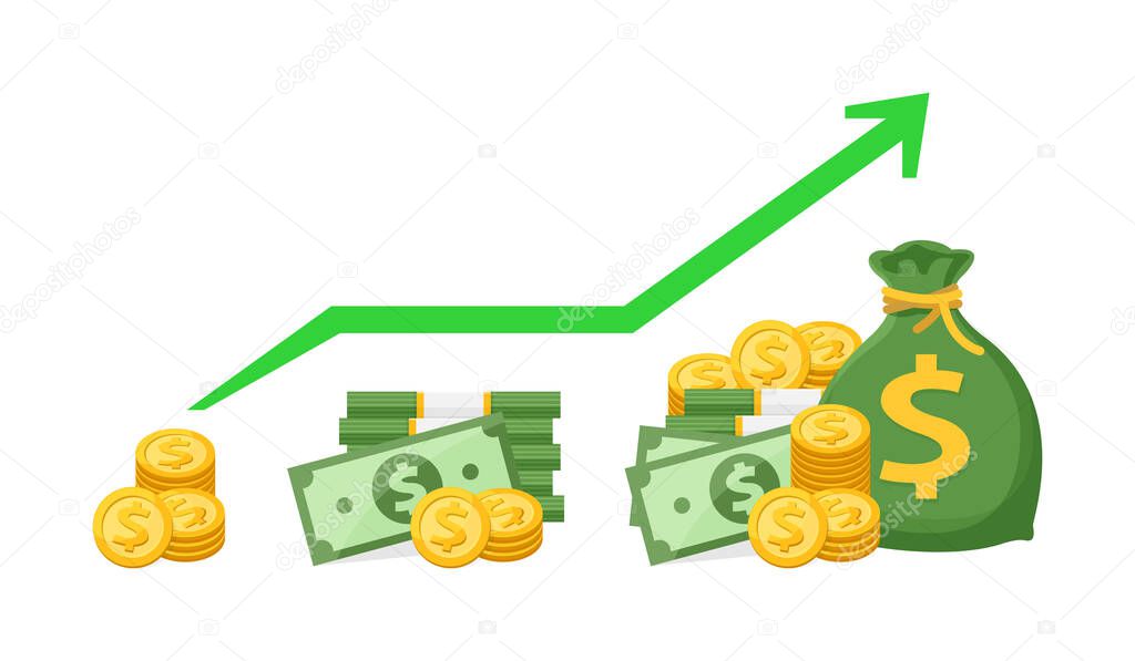 money and green arrow pointing up icon isolated on white, retirement money plan with arrow chart saving money concept, investment money and business finance growth, copy space for finance banner ad