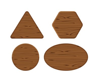 Tahta farklı bir koleksiyon beyaz arka planda izole edilmiş, altıgen ahşap şekil, ahşap üçgen, yuvarlak ahşap şekilli tahta, koyu kahverengi, tahta elips veya oval panel, işaret dekorasyonu için ahşap şekil