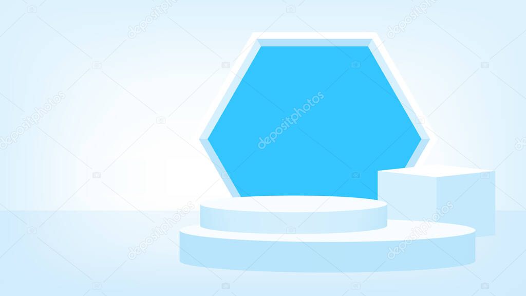 3d stage pedestal award soft blue, podium stage show for victory champion position, pedestal blue pastel soft for cosmetics product display show, circle stand modern for product place or presentation