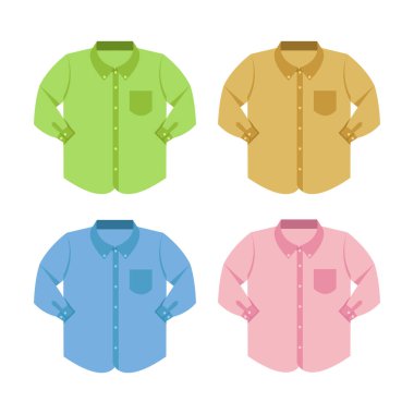 Beyaz arka planda izole edilmiş düz gömlekler, giysi desenleri düz koleksiyon düz basit, elbise koleksiyonu sanatı uzun kollu gömlek, çizimler düz renk uzun kollu gömlek ön görünüm