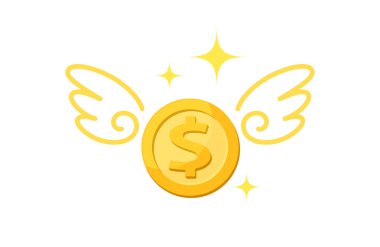Para altın sikke ve kanat, ikon peni ve kanat uçuşu konsepti, sembol dolar para uçuşu para kaybı para kaybı, kayıp vergi veya borç konsepti ile para sineği sembolü