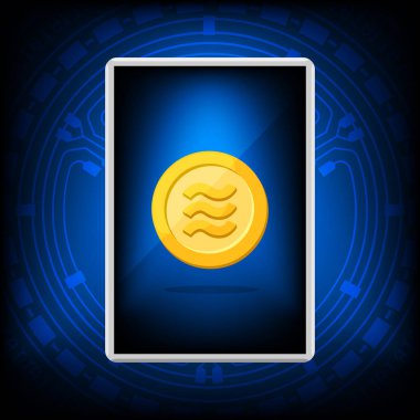 Akıllı telefon ekranında sikke altından gerçekçi logo Terazi Kalibrası, mobil bankacılık uygulaması ile cep telefonunda Terazi Kalibra altın sikke, dijital para birimi Facebook