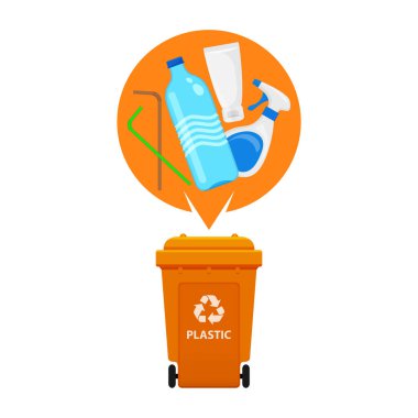 Plastik atık ve turuncu geri dönüşüm plastik kutusu beyaz zemin, çöp kutusu ve plastik toplama çöpü, atık plastik şişe ve çöp tüpü, illüstrasyon klipsleme sanat kutusu, 3r çöp kutusu