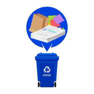 Kağıt atıkları ve mavi geri dönüşüm plastik kutusu beyaz zemin, plastik çöp kutusu ve kağıt geri dönüşüm çöpü, atık kağıt çöpü, illüstrasyon ataç sanat kutusu, 3r çöp