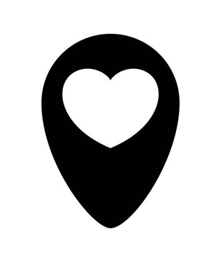 Siyah iğne uçlu kalp simgesi beyaz, işaret beyaz kalp şeklinde konum işareti için izole edilmiş, iğne ucu sembollü şirin kalp, aşk yeri ya da yön fikri için iğne işaretleyici