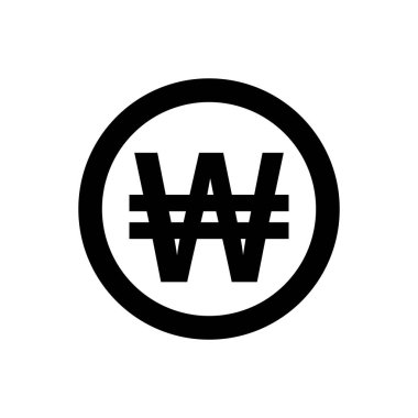 Sikkeler, beyaz, parasal kazanılmış para birimi sembolüne izole edilmiş simge olarak simge kazandı, Kore dijital uygulama ve web sitesi için düz tarzda para kazandı, basit kazanılmış simge siyah daire şeklinde.