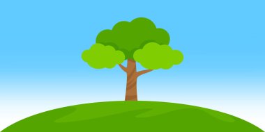 Tepedeki ağaç manzarası fotokopi alanı metni, klipsleme sanatı basit ağaç, tek ağaç yatağı, ada tepesinde ağaç ve gökyüzü güzel yaz günü çizgi film stili