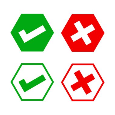 Altıgen işaretli ve x işaretli veya onaylanmamış, uygulamalar veya web siteleri için altıgen düğmesi işaretli, simge listesi seçimi, seçim için onay kutucuğu düğmesi, işaretleme işareti için altıgen cevap kutusu, onay işareti işareti