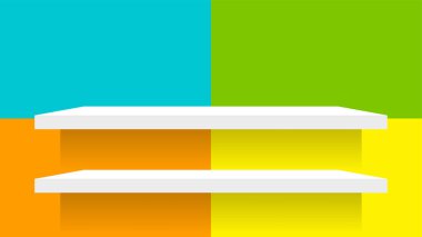 Renkli duvar mozaik fayanslar ve tahta raf beyaz ürün sergisi için, basit duvar kare deseni ve kozmetik için masa rafları, duvar pastel yumuşak, renkli kare şeklinde masa tahtası ve şık