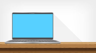 masadaki ahşap ve kopya alanındaki dizüstü bilgisayar, çalışma alanı, masadaki ekranı, masadaki bilgisayar defteri ve gri duvar, çalışma odası, yaratıcı arkaplan için masaüstü ile çalışma alanı