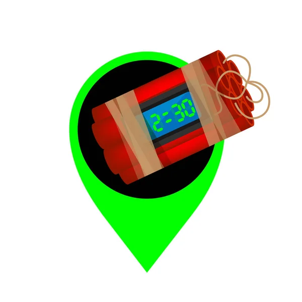 将恐怖分子的炸弹在绿色别针图标中作为定位指针 用指纹针在地图上引爆炸弹炸药 炸弹落在针标识上绿色 在白色上隔离 — 图库矢量图片