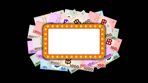 大旗背景 货币Thb和赌场老式画框标志 复制空间 钞票和发光画框标志复古的钞票泰铢和橙色发光画框 — 图库矢量图片