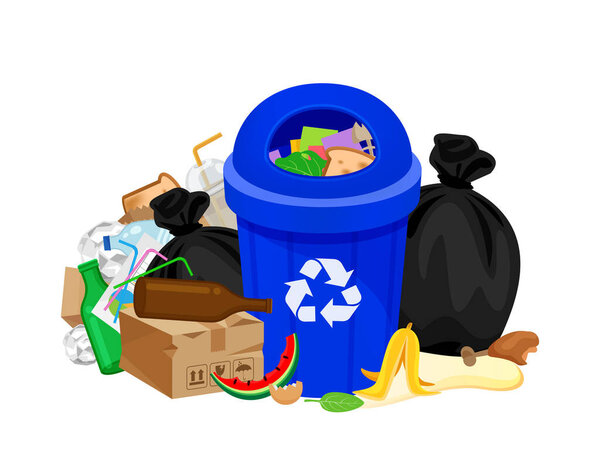 мусорные отходы и мешок пластика на синий мусорный бак изолированы на белом, кучи пластиковых отходов мусора много, пластиковые отходы свалки и мусорный бак синий, пластиковые отходы и мусор разделения переработки, загрязнение
