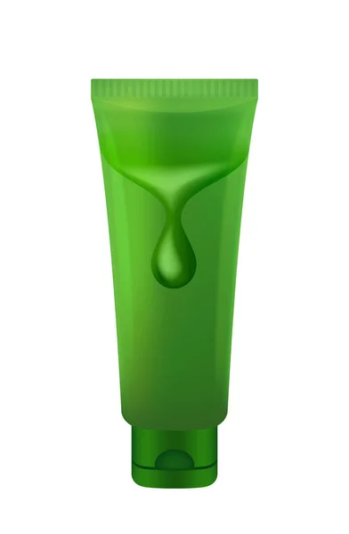 化粧品のデザインのための水滴と緑のプラスチックチューブ 白に隔離されたテンプレート化粧品チューブ モックアップ緑のチューブブランク 化粧品ブランド イラストローションやクリーム製品泡のための空のチューブ — ストックベクタ