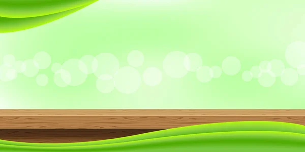 Holztischfrontansicht Und Grüne Grafik Auf Bokeh Soft Leere Tischplatte Aus — Stockvektor
