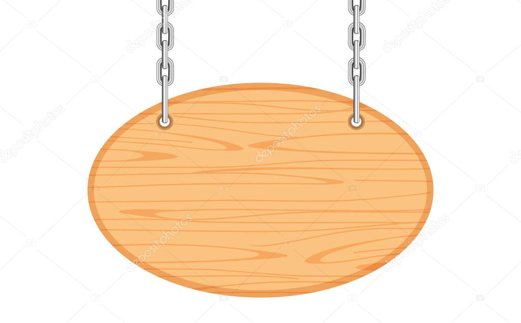 empty oval wooden hanging sign with chain isolated on white, wood plank for hanging signs copy space, wooden plank for sign announce alphabet and letter message, placard timber hang sign oval shape