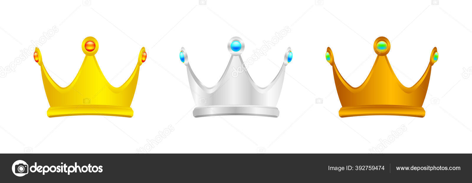 Gold Silver Copper Crown Isolated White Luxury Crown Icon Vintage Stock