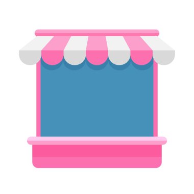 Simge mağazası vitrininde pembe, tenteli market, çevrimiçi şablon sembol dükkanı, çevrimiçi alışveriş için sanatsal düz market cephesi, illüstrasyon mağazası ön bilgisi